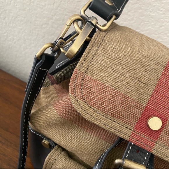Black Leather Canvas Nova Check Plaid Bucket Crossbody Bag Drawstring Satchel - Picture 4 of 14
